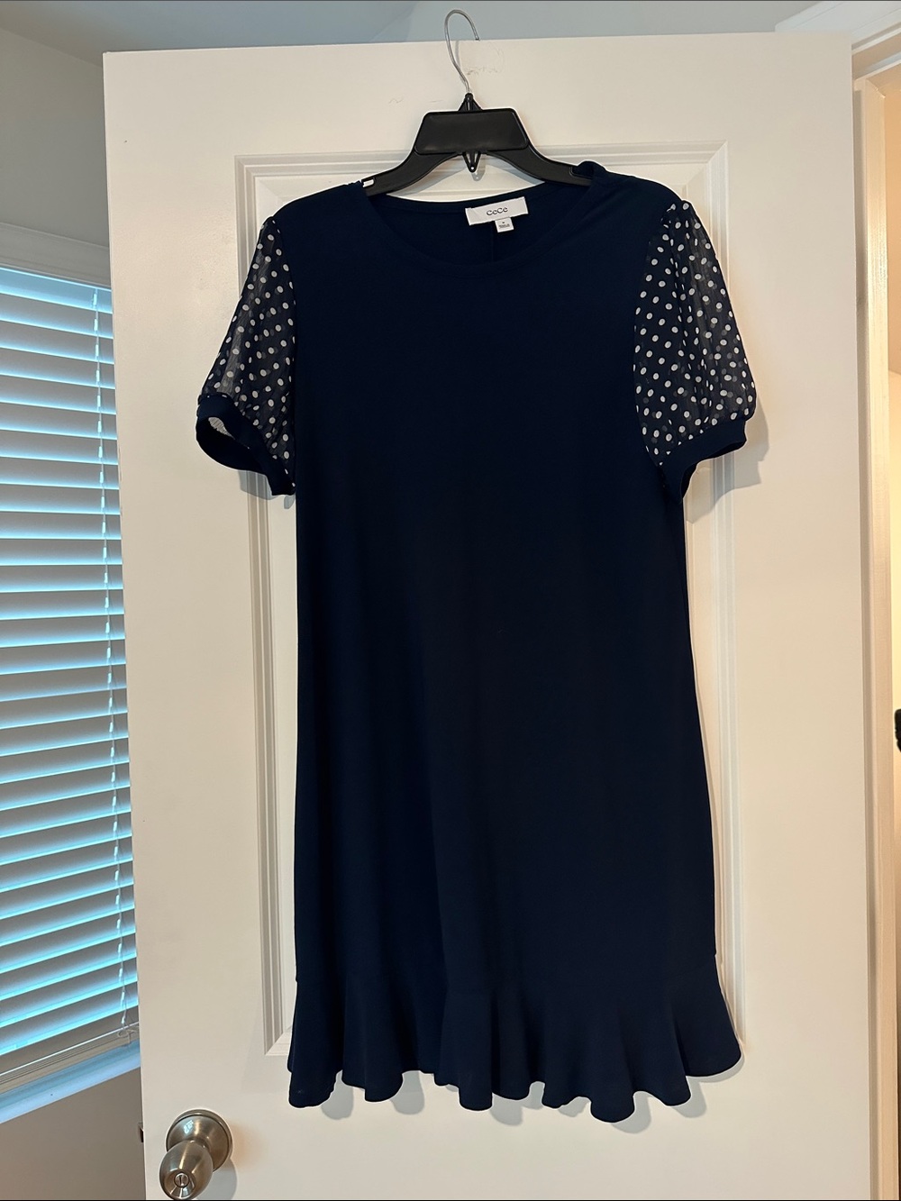 CeCe Navy Mini Dress with Polka Dot Sheer Puff Sleeves